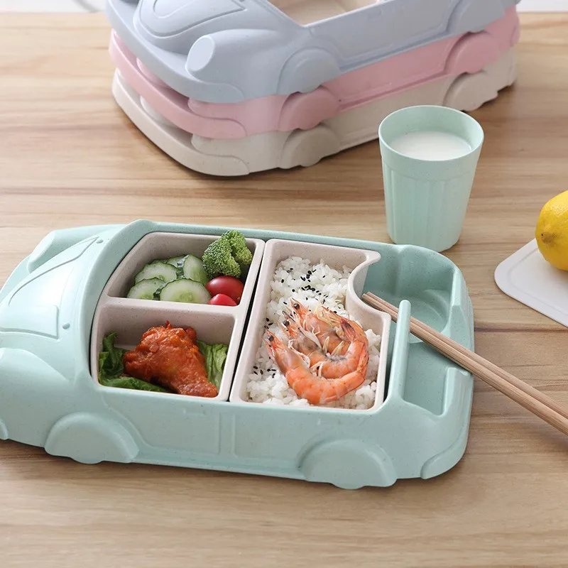 

Wholesale Car Shape With Cup Plates Sets Dinnerware For Kids Bamboo Plates, Blue green pink and customized pantone