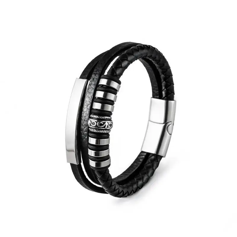 

Wholesale black real leather material bracelet stainless steel clasp leather bracelet for men