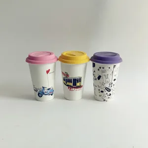 Image of Custom ceramic coffee mug Plain white porcelain mug with silicone lid double wall mug For wholesale
