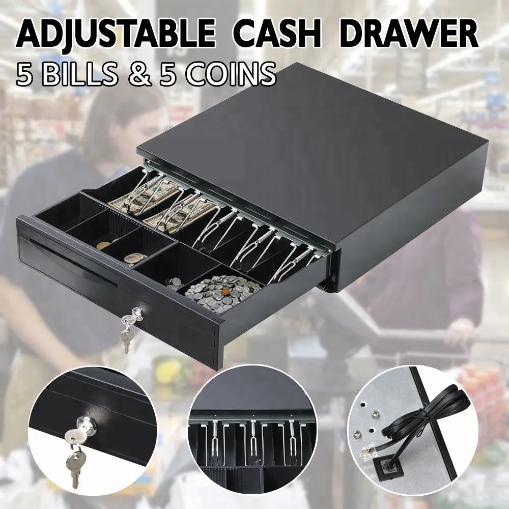 12V/24V POS Cash Drawer Register 5 Bills 5 Coins Removable Tray Till Cash Box 