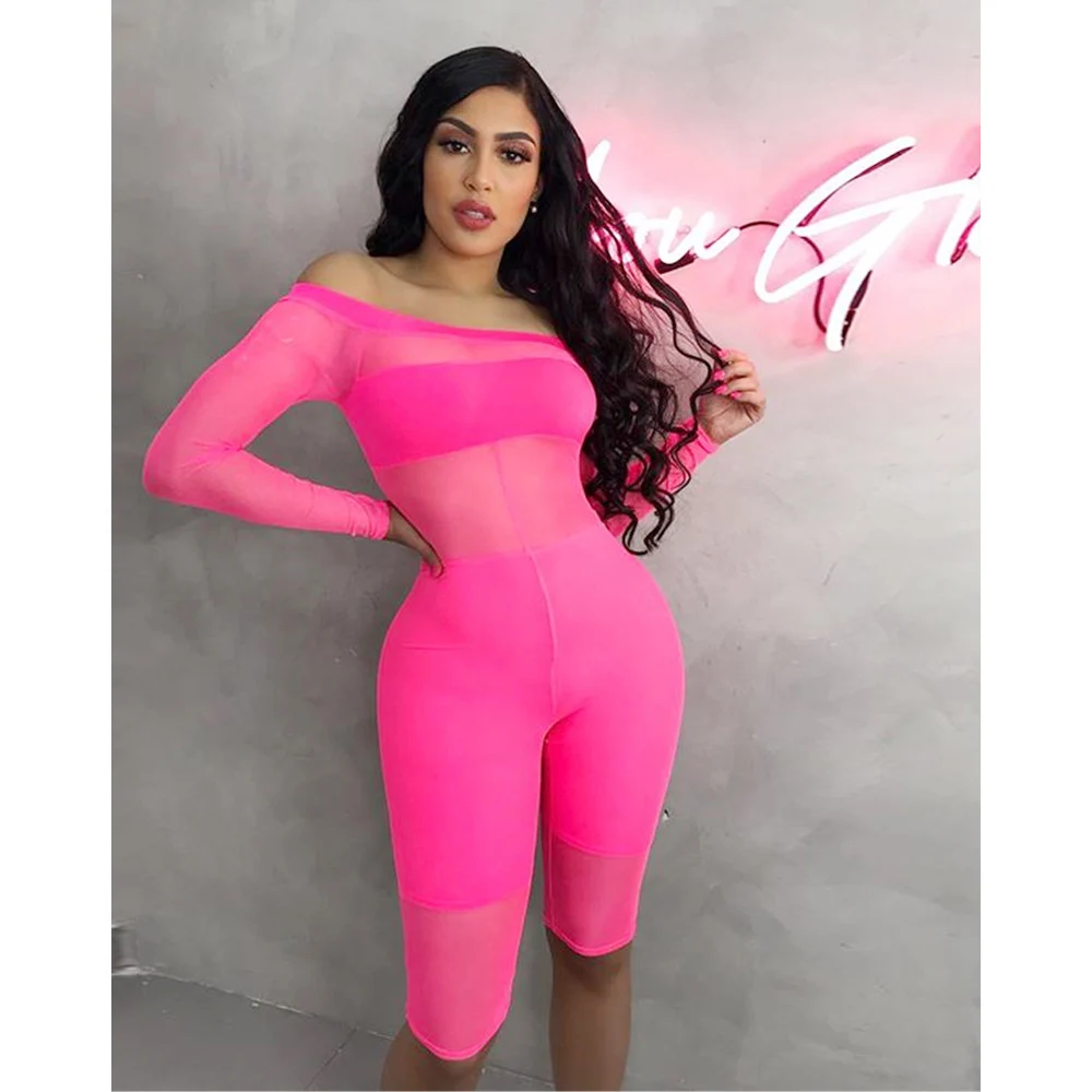 

Free Shipping women one shoulder mesh 3 piece summer clothes crop top with short pants with mesh jumpsuit romper clothes set, Multi color optional