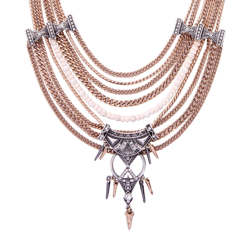 

xl01693b Vintage Gold Plated Necklace, Multi Layer Chain Statement Necklace, As picture