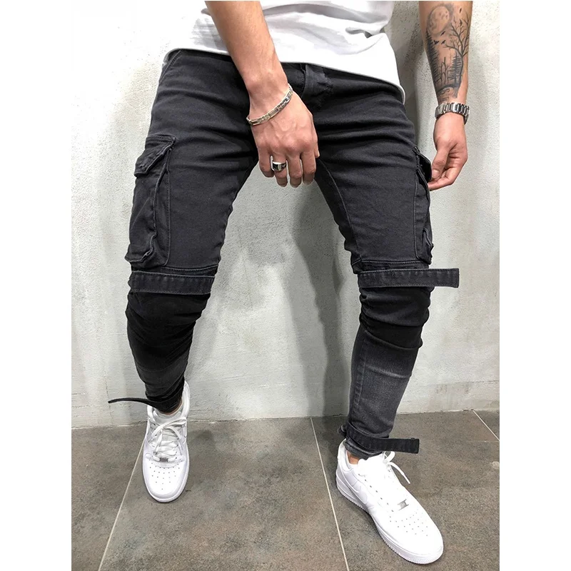 

Wholesale Price Mens Slim Fit Black Cargo Jeans Homme, Black or customized