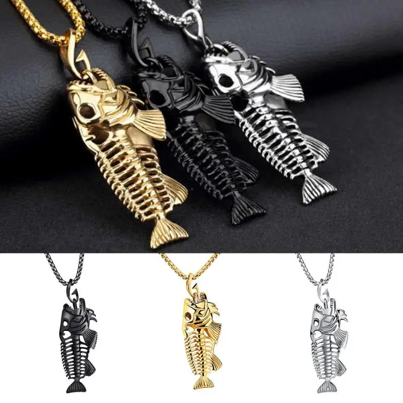 Skeleton Fish Stainless Steel Chain Fish Bone Necklace Pendant 