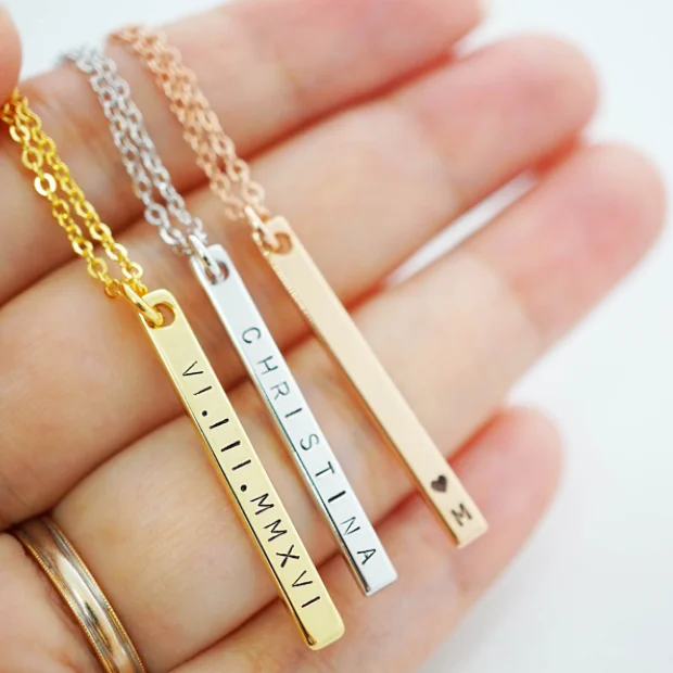 

high polished silver gold rose gold vertical bar necklace custom engraved any name necklace for women