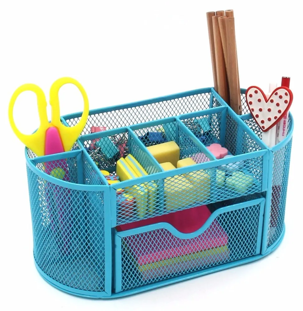 
Space Saving Black 8 Compartment Office School Supply Desktop Metal Wire Mesh Organizer with Drawer 