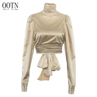 

OOTN Autumn Winter 2019 Female Backless Bow Tie Back Sexy Top Women Puff Long Sleeve Satin Shirt Turtleneck Silk Crop Top Blouse