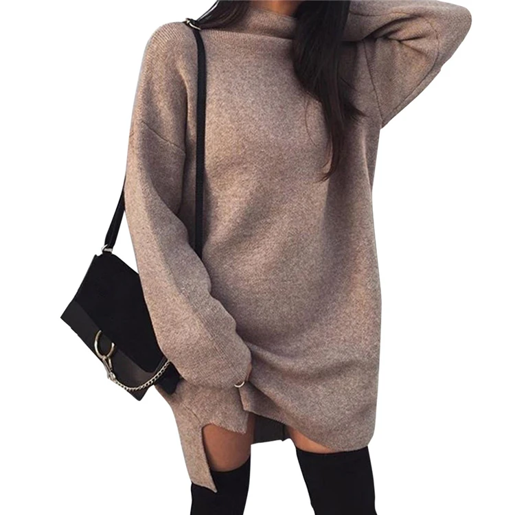 

DCD-183012 New European and American casual large size sweater loose knit high collar split dress female, All