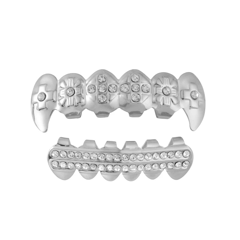 
Hot selling One Pair Teeth Grillz HipHop Gold Teeth full set [lower & upper hiphop grillz] with diamond 