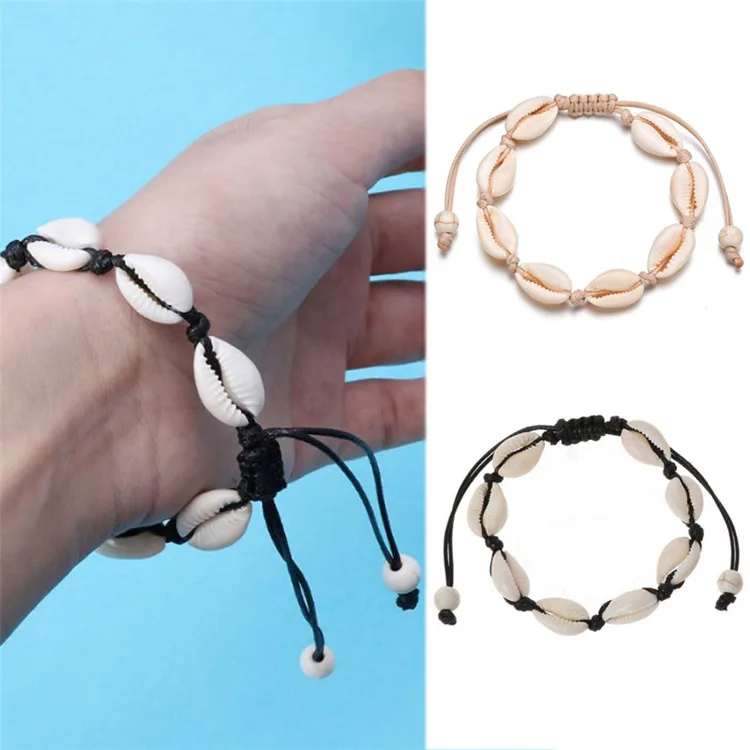 

Hot Selling Black White Boho Beach Jewelry Handmade Braided Rope Bracelets Natural Shells Charm Bangles for Women Men, As picture