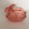 Vintage Easter Rose Color Crystal Glass Bunny Candy Jar