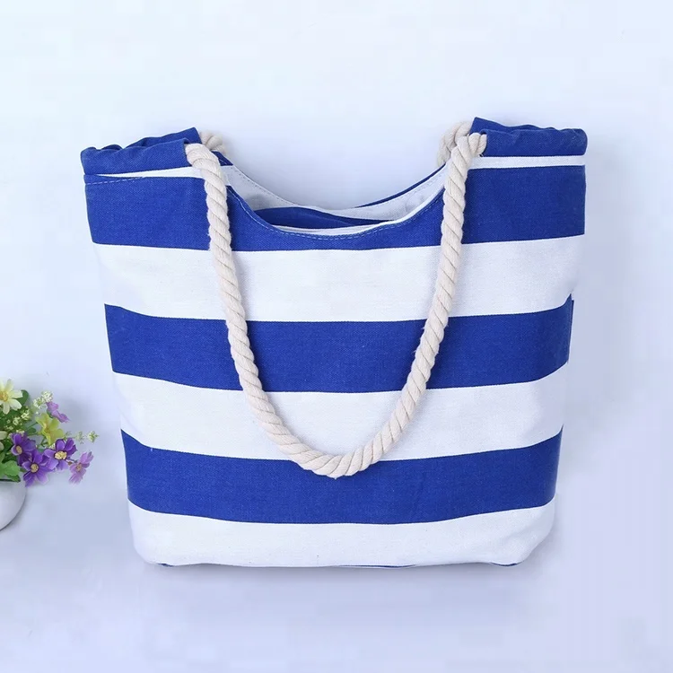 

Promotional logo printed custom canvas cotton sell well blue white striped beach bag, Multi