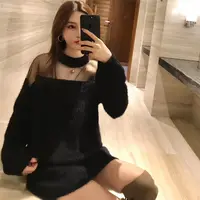 

Hot sale new arrival sexy lady autumn crew neck lace shoulder loose fit long hair sweater dress