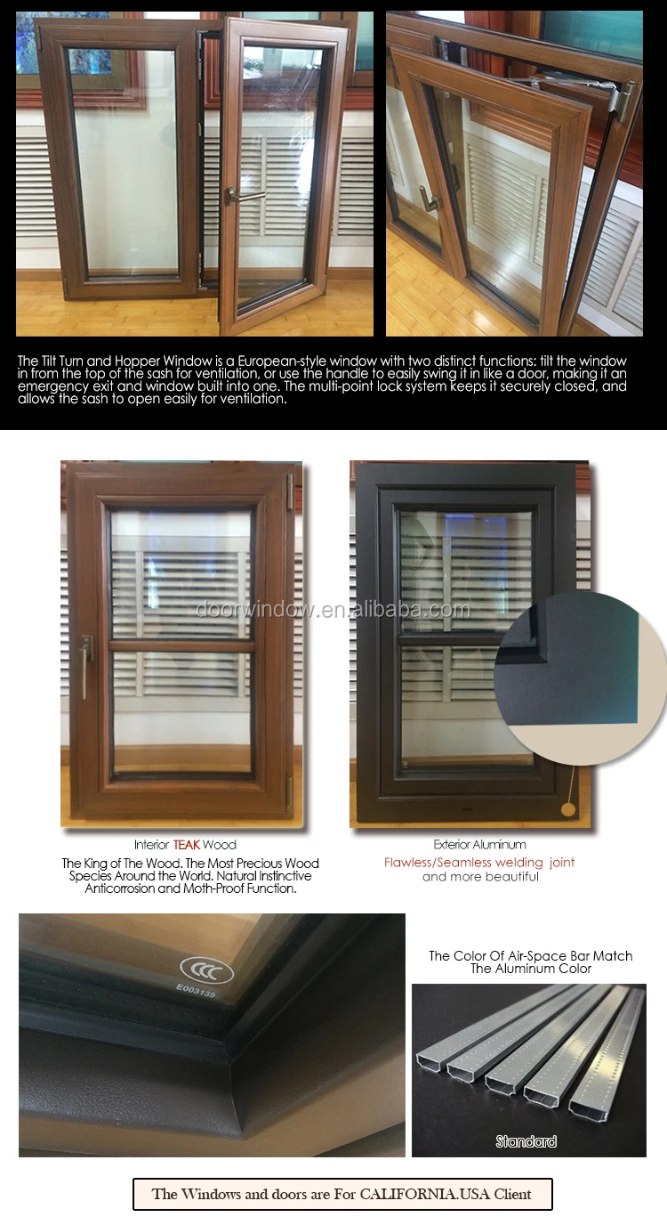 Good ventilation strong tightness aluminium casement window double opening tilt and turn debridged aluminum-wooden outward