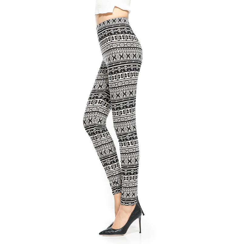 

Wholesale Custom Cheap Brushed Soft Knitted Stretchy Printed Women Aztec Leggings, Black+white