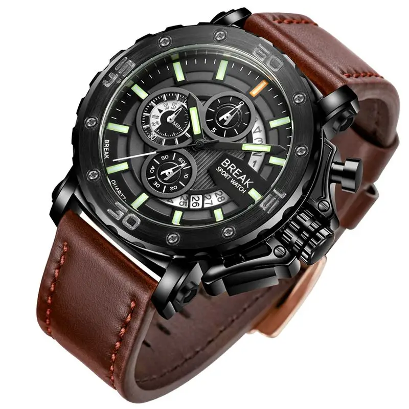 

BREAK 5689 Top Luxury Brand Leather Strap Casual Fashion Chronograph Mega Luminous Business Sport Wristwatch Man Military Watch, 2 color choose