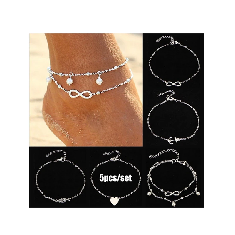 

Women Fashion 5Pcs Silver Chain Love Heart Infinity Anklet Heart Infinity Ankle Bracelet