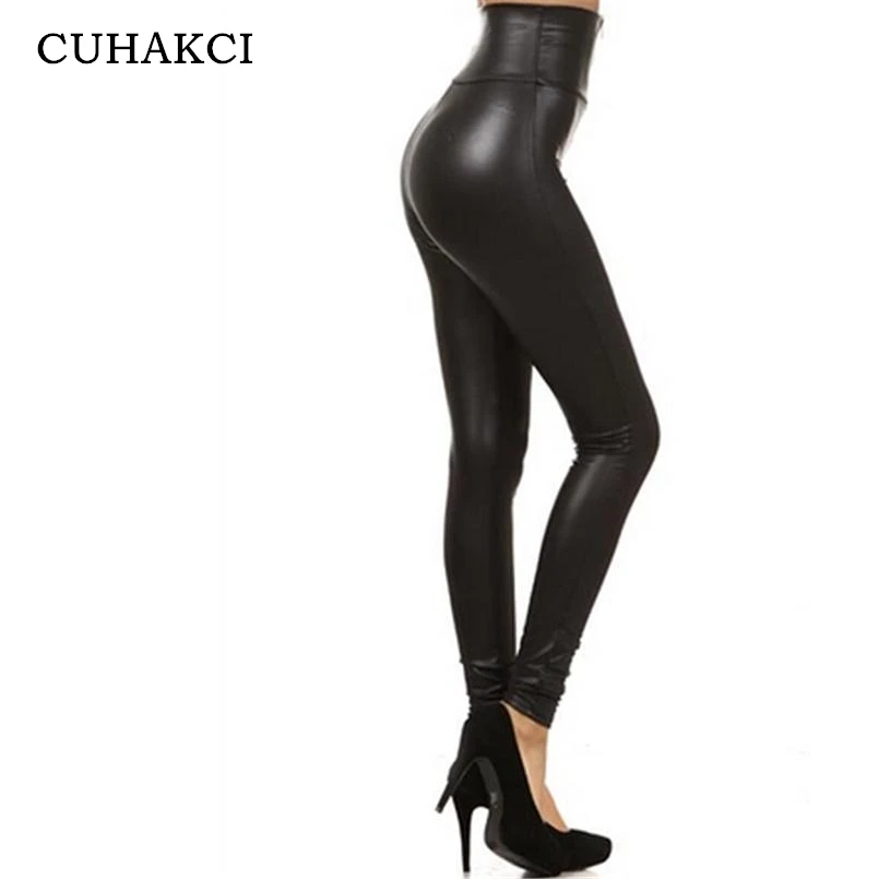 

CUHAKCI Women Sexy Fiery Queen Hight Waist Leather Solid Color Leggings Elastic Bodycon Zipper Tight Black Pants