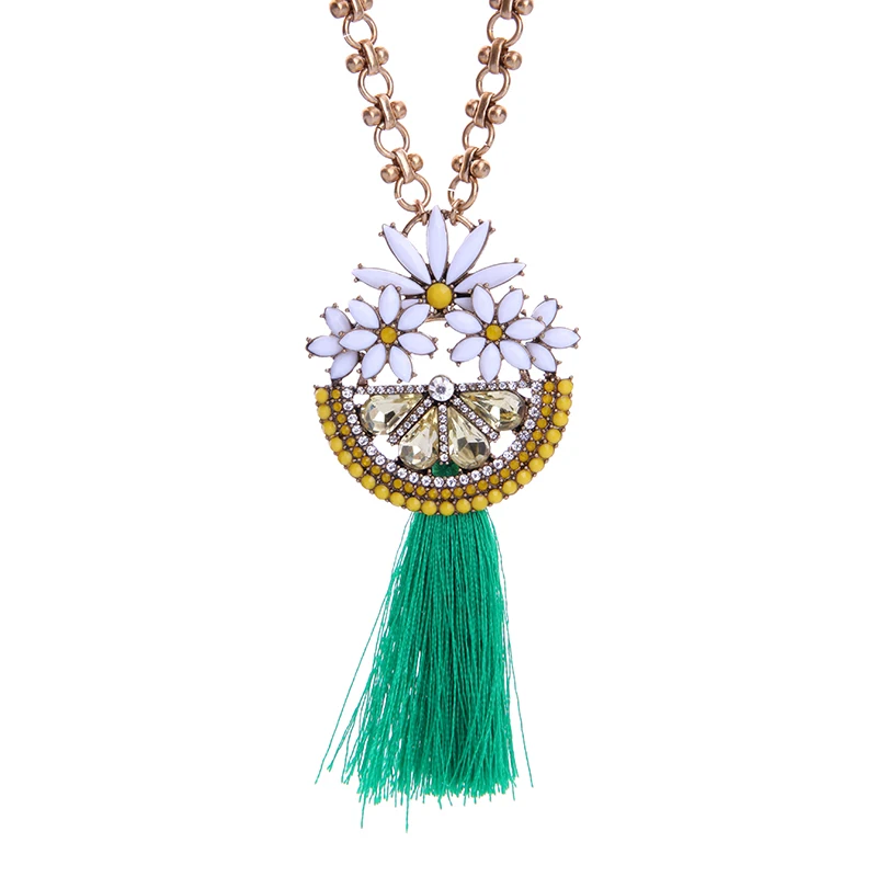 

xl01587b Wholesale Amazing Retro White Flora Statement Pendant Green Tassel Jewelry Necklace Fashion, As picture