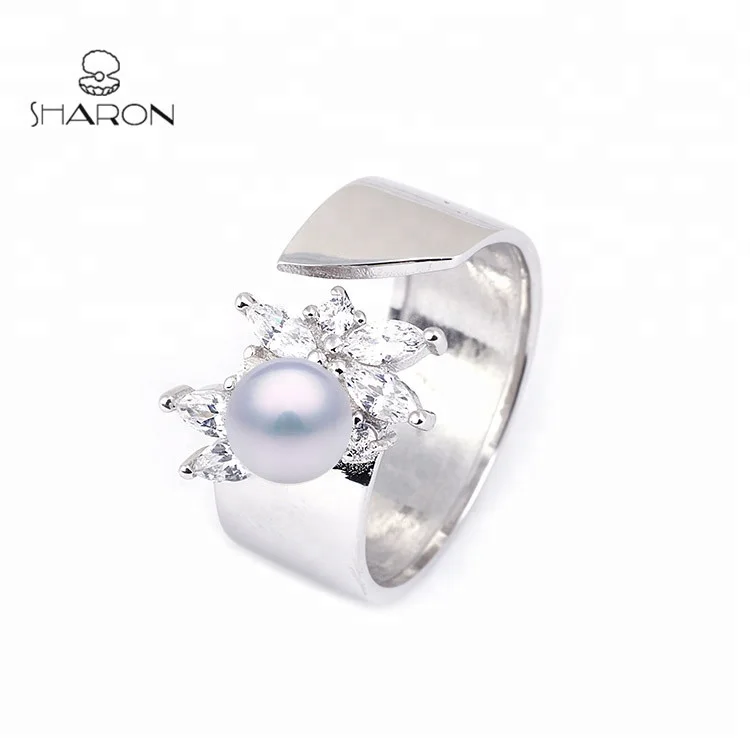 

Fashion Antique Jewelry 925 Sterling Silver Pearl Thick Ring Mountings with Zircon, White gold