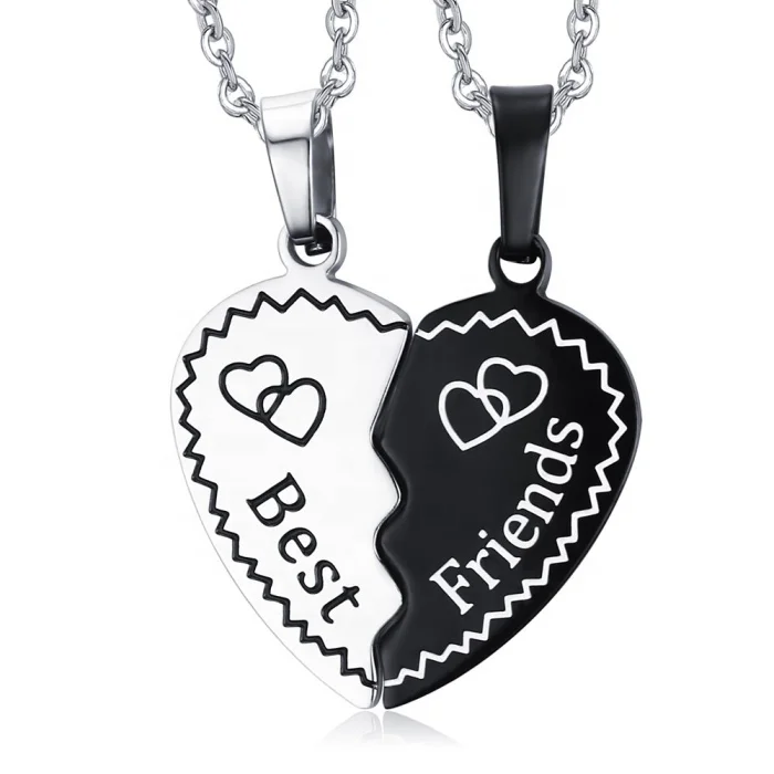 

Hot sale style split heart shape silver-black best friend laser engrave stainless steel friendship necklace for best friend, Silver and black