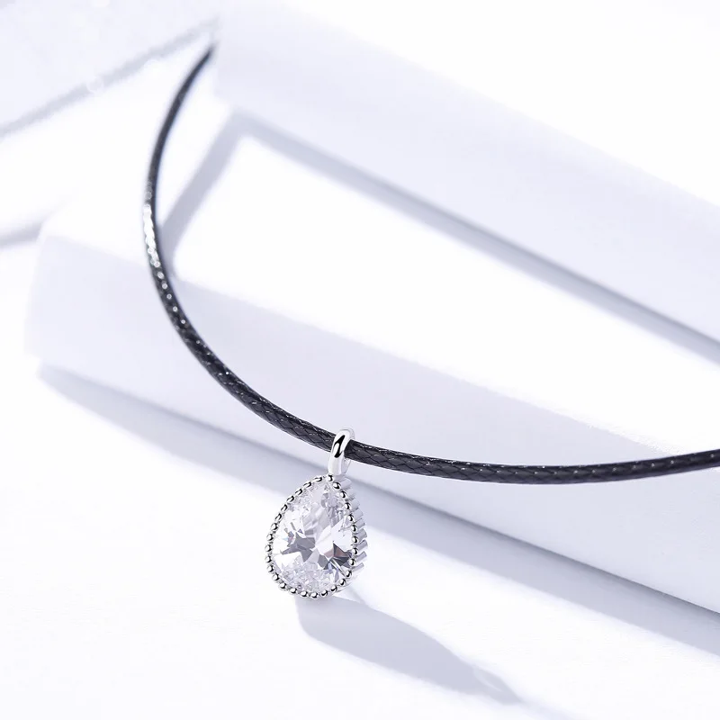 

Leather With 925 Sterling Silver Diamond Pendant Women Genuine Leather Necklace, Black