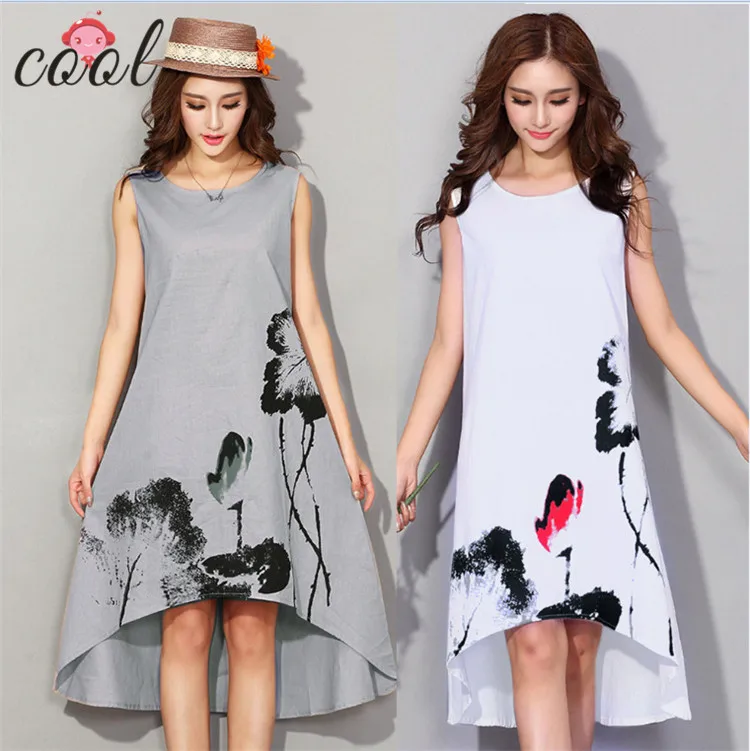 

Women's ink printing dress loose large size M-6XL clothing casual sleeveless linen dress women, As picture