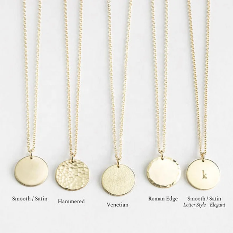 

14K Gold Tiny Disk Hammered Pendant Necklace Personalized A-Z Initial Letter Engraved Monogram Coin Disc Necklace, Customized color
