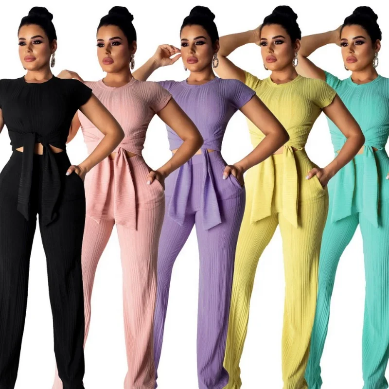 

2019 Hot High Waist Short Sleeve Yoga Sport Two Piece Set Women Clothing Bandage Fitness Outfit With Ribbon, As picture