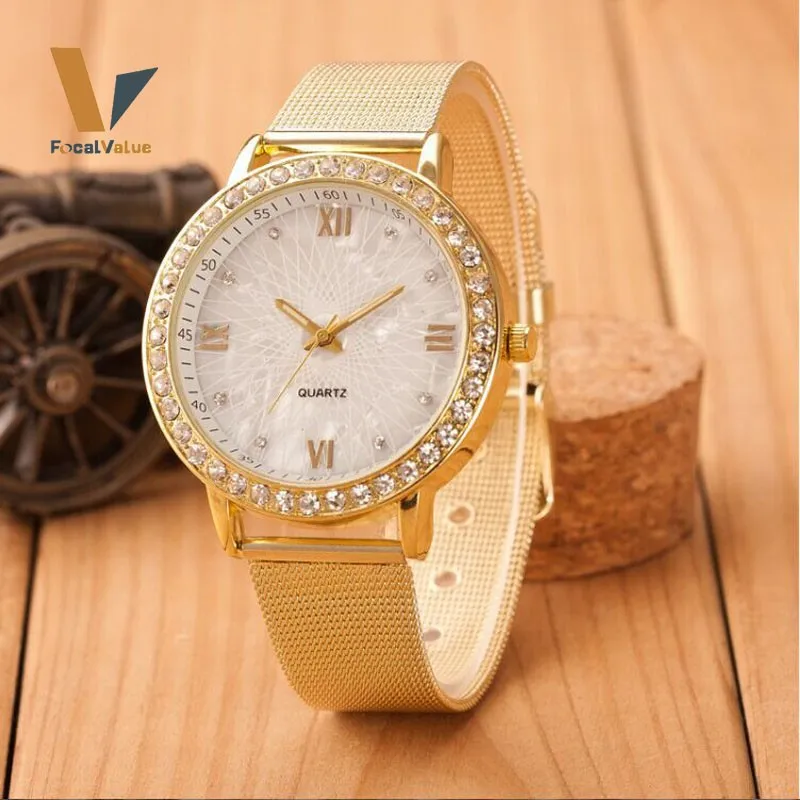 

Tryme Women Waterproof Crystal Roman Numerals Gold Mesh Band Wrist Wach Casual Ladies Classy Dress Watch Relogio Feminino