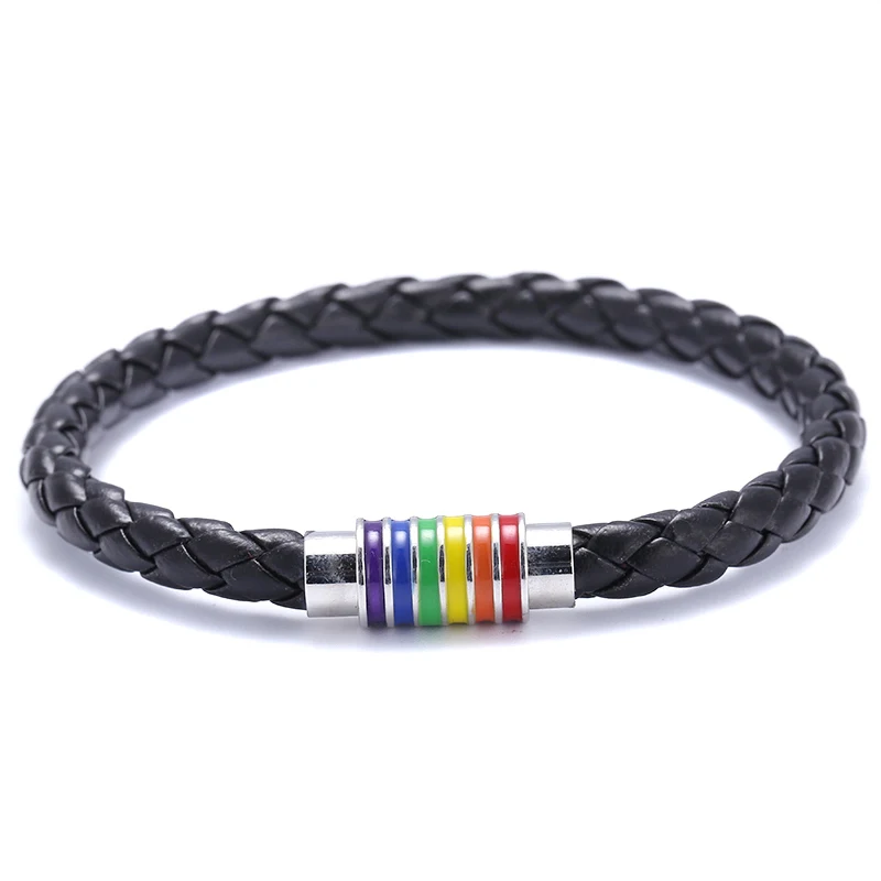 

New Black Brown Genuine Braided Leather Bracelet Women Men Stainless Steel Gay Pride Rainbow Magnetic Bracelet Gift, Picture shows