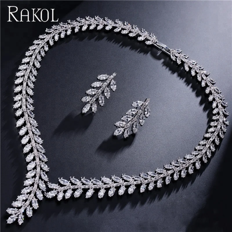 RAKOL Charming Crystal CZ zircon Leaf Wheat Necklace Earrings Wedding Party Jewelry Set S250