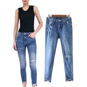 Denim Pants Faded Wash Destroyed Casual Jeans Women