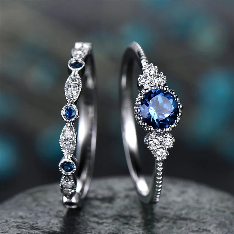 

Fashion Jewelry Blue / Emerald Green Sapphire Color Women Engagement Wedding Rings Set