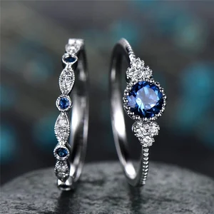 Fashion Jewelry Blue / Emerald Green Sapphire Color Women Engagement Wedding Rings Set