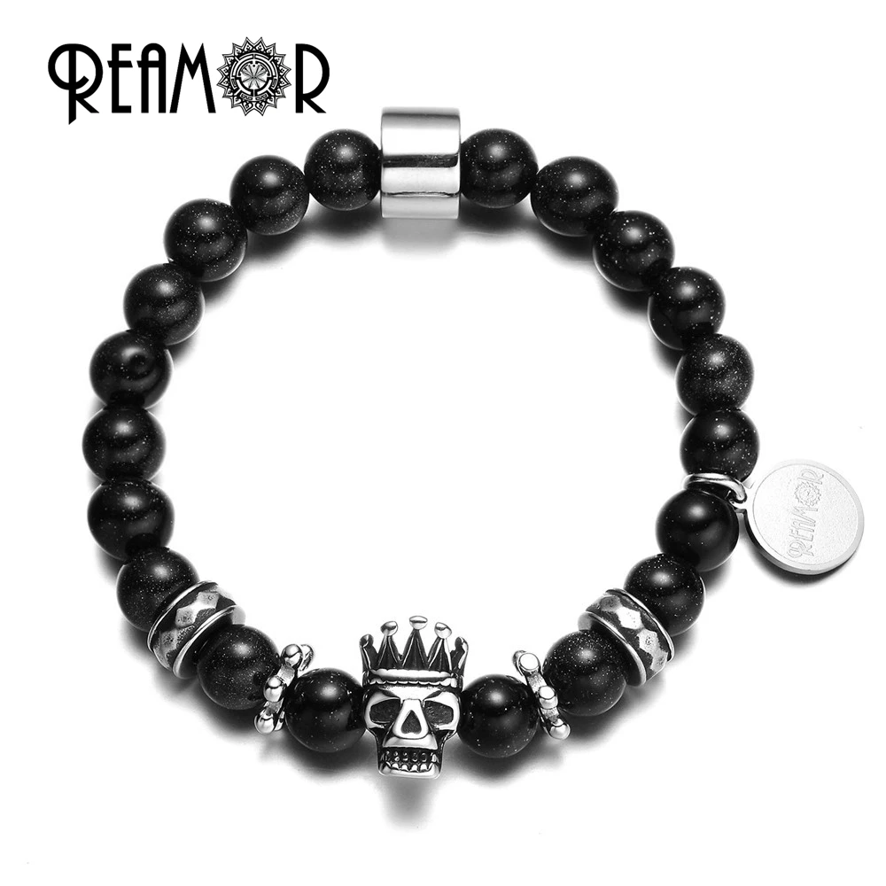 

Reamor Natural Blue Starry Sky Sand Stones Stainless Steel Crown Skull King Beads Reamor Logo Charms Stretch Bracelets for Man