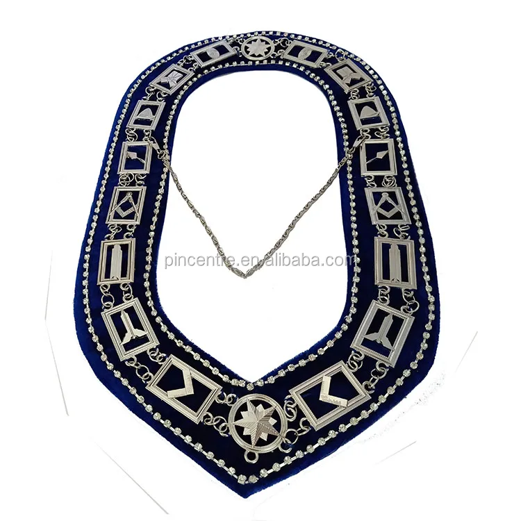 MASONIC REGALIA BLUE OFFICER SILVER METAL CHAIN COLLARS WITH JEWELS 12 PCS 