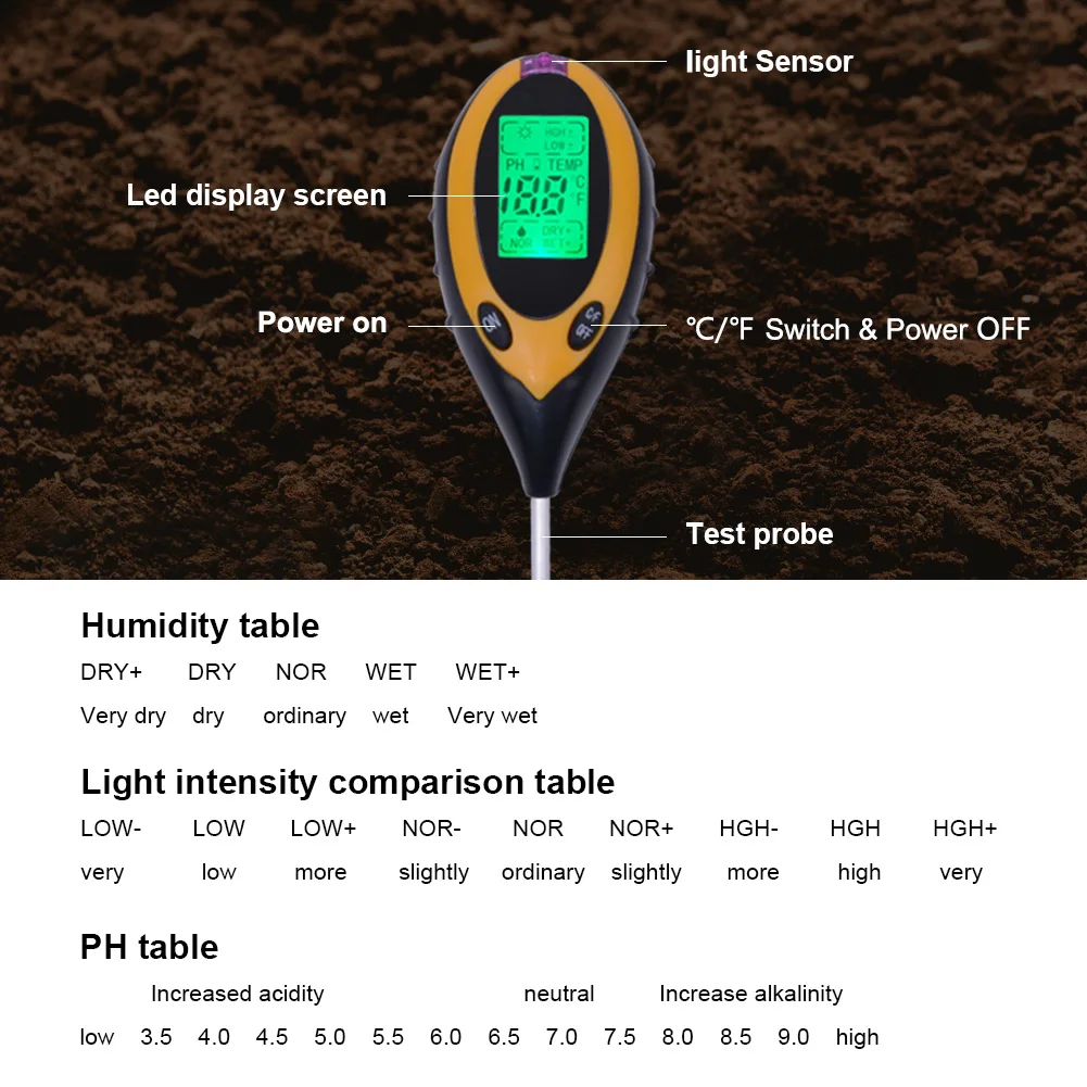 Portable 4 In 1 Digital Soil Moisture Meter/soil Ph Meter/soil Moisture Meter With Lcd Displayer