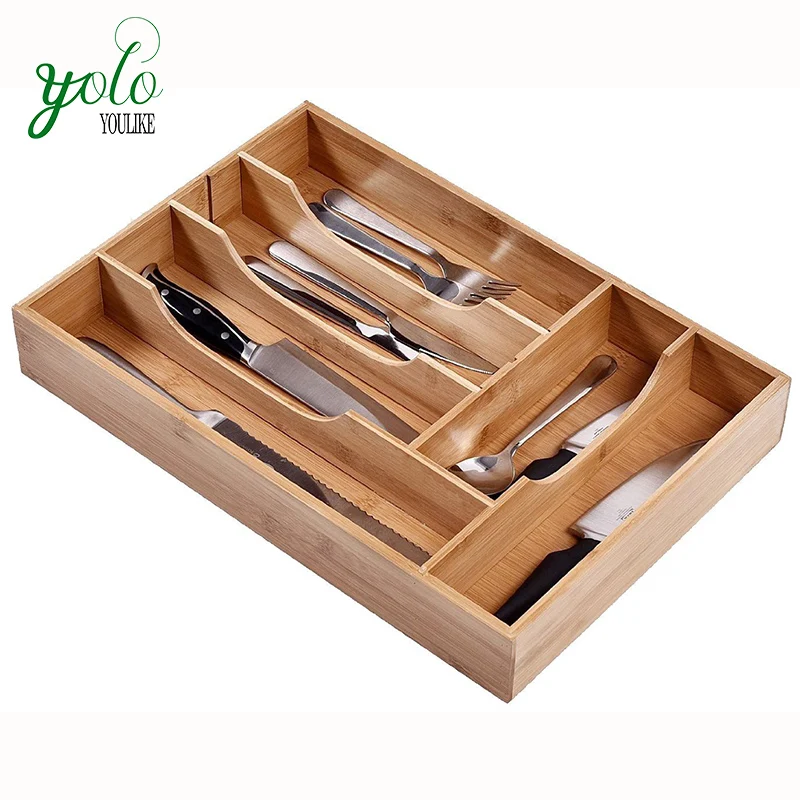 

Eco Friendly Multifunction Kitchen Expandable Utensil Organizer,Natural Bamboo Cutlery Tray With 6-Slot Divider