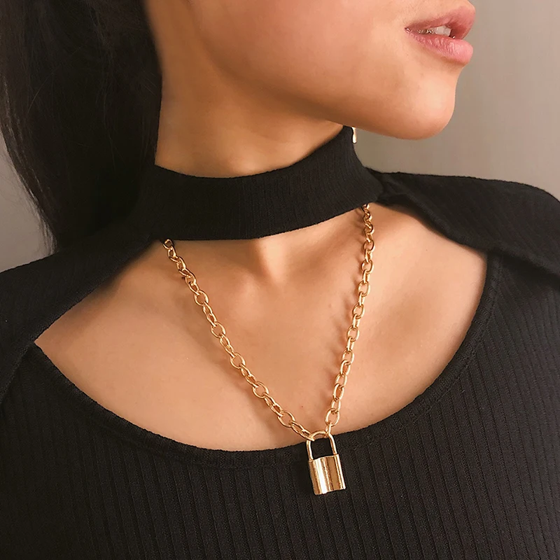 

Vintage Simple Metal Lock Pendant Necklace Statement Heavy Chains Geometric Necklace for Women Jewelry (SK048), As picture
