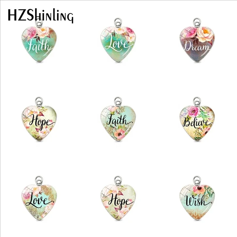 

Women Handmade Bible Verse Pendants Faith Dream Love Hope Believe Glass Dome Heart Charm Jewelry Quote Accessory Christian Gifts