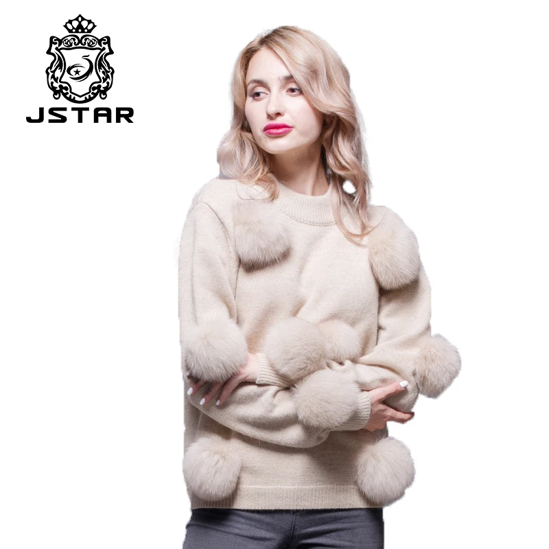

Fashion designs 30% wool + 70% acrylic woolen sweater with more 100% fox fur pompom for ladies, As picture,2 colors