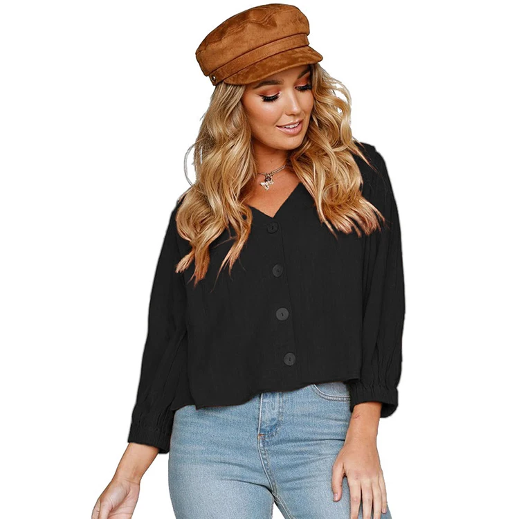 

New Arrival 2019 Women Clothing Tops Blouse Online Shopping Cheap Price Cool Weather Button Down V Neck Chunky Linen Top