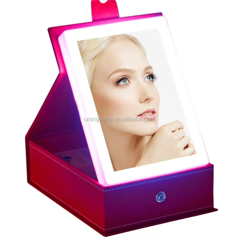 

PU LED Lighted Makeup Mirror with Travel Jewelry Box Organizer Storage Case with USB Charging Dimmable Foldable for Makeup, Black / red