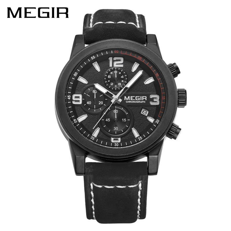 

Promotional Megir 2026 Genuine Leather Strap Black Classic Quartz Analog Chronograph Men Hand Watch