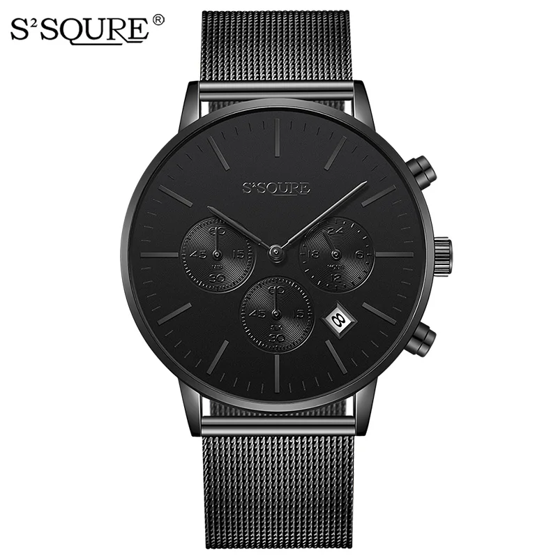 

SSQURE S002 Men Quartz Wristwatch Simple Dial Stainless Steel Chronograph Hour Minute Watch For Male, 3 color for you choose