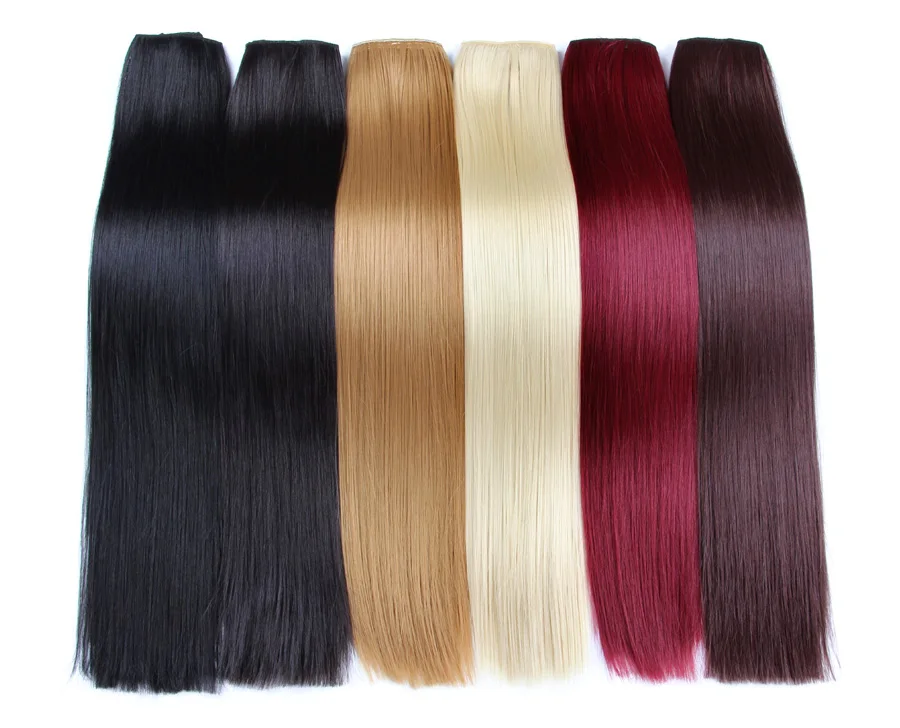 

AliLeader Cheap Price 26 Colors Silky Straight Hairpiece Ponytail Synthetic Clip In Hair Extensions, Pure and ombre color clip in hairpiece