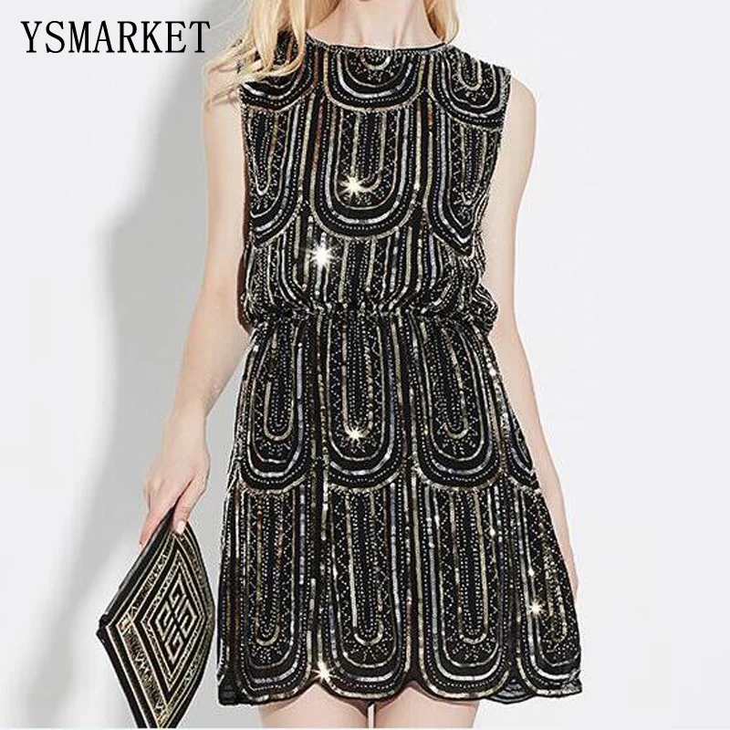 Luxury Party Women Sequins Embroidery Sleeveless Mini Dress Vintage Elastic Waist Chiffon A Line Dress E598