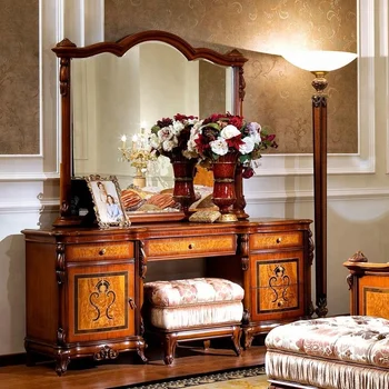 Antique Wooden Color Mirrored Makeup Dresser For Bedroom View