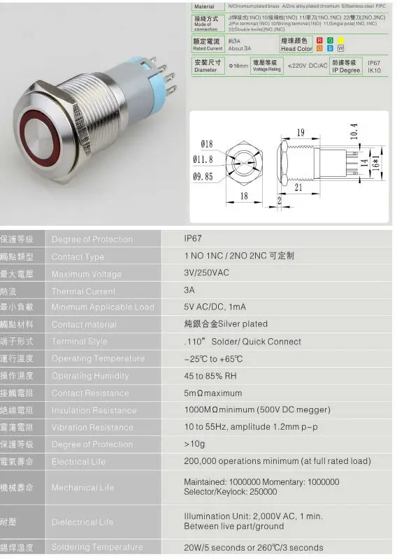 16mm Pushbutton Switch With Pilot Light ( 6v,12v,24v,110v,220v)